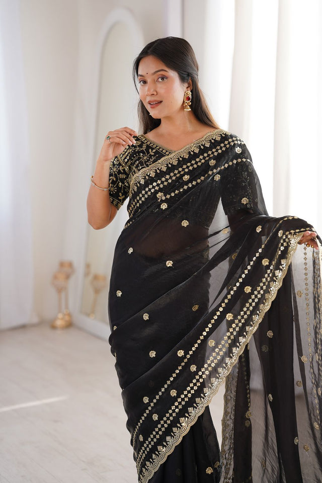 Black Sequin With Floral Embroidered  Saree (ACA7924)