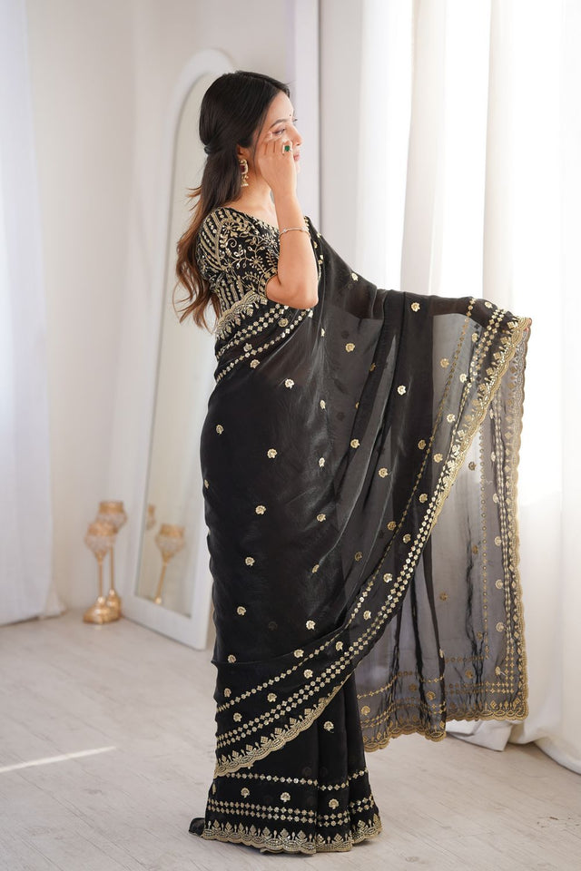 Black Sequin With Floral Embroidered  Saree (ACA7924)