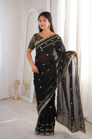 Black Sequin With Floral Embroidered  Saree (ACA7924)