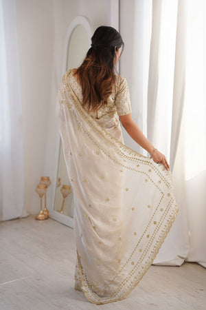 Cream Sequin With Floral Embroidered  Saree (ACA7925)