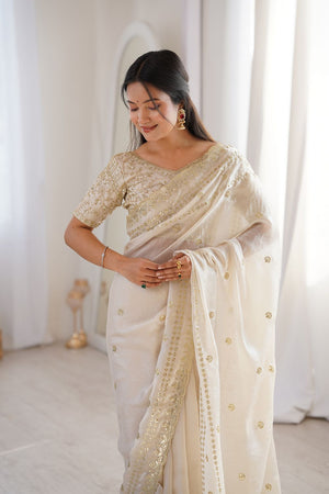 Cream Sequin With Floral Embroidered  Saree (ACA7925)