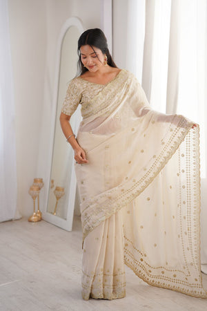Cream Sequin With Floral Embroidered  Saree (ACA7925)