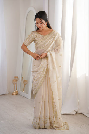 Cream Sequin With Floral Embroidered  Saree (ACA7925)