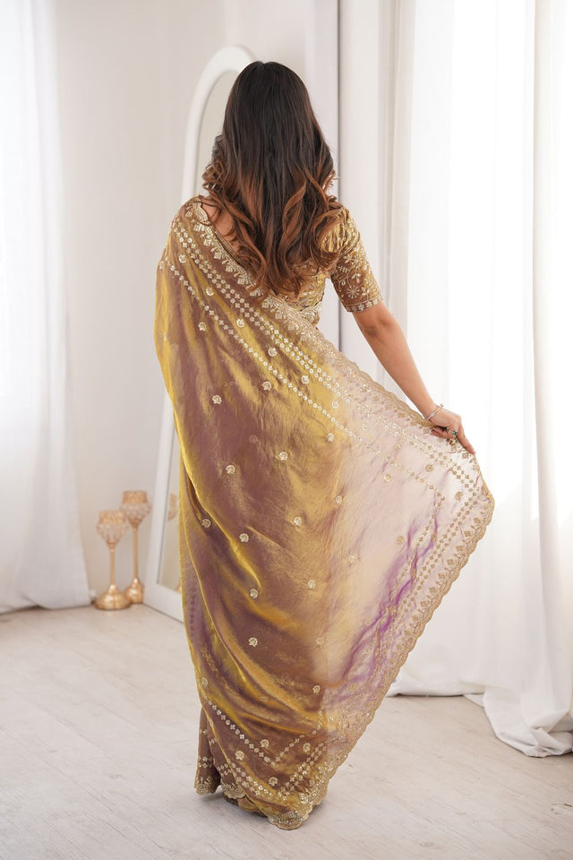 Gold Sequin With Floral Embroidered  Saree (ACA7926)