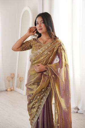 Gold Sequin With Floral Embroidered  Saree (ACA7926)