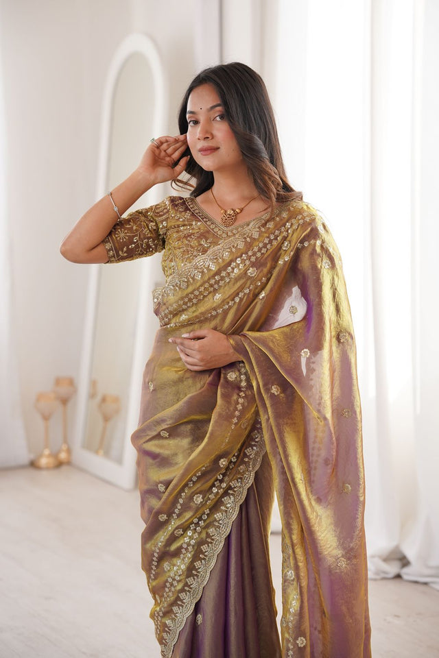 Gold Sequin With Floral Embroidered  Saree (ACA7926)