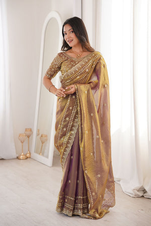 Gold Sequin With Floral Embroidered  Saree (ACA7926)