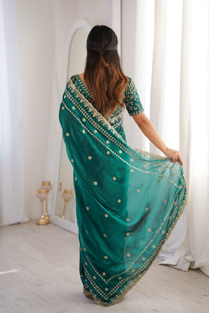 Turquoise Sequin With Floral Embroidered  Saree (ACA7927)