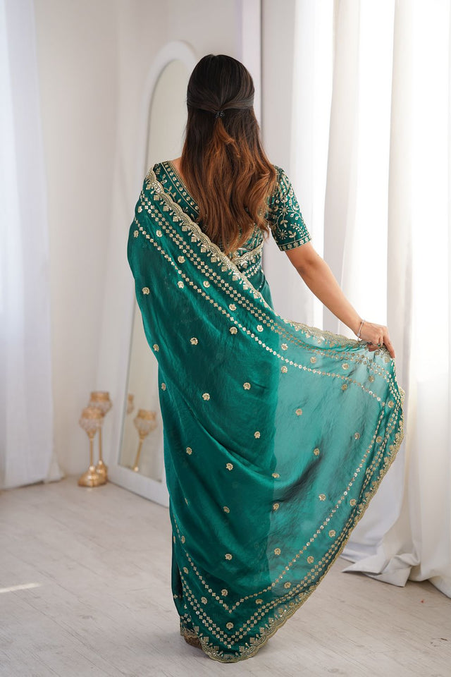 Turquoise Sequin With Floral Embroidered  Saree (ACA7927)