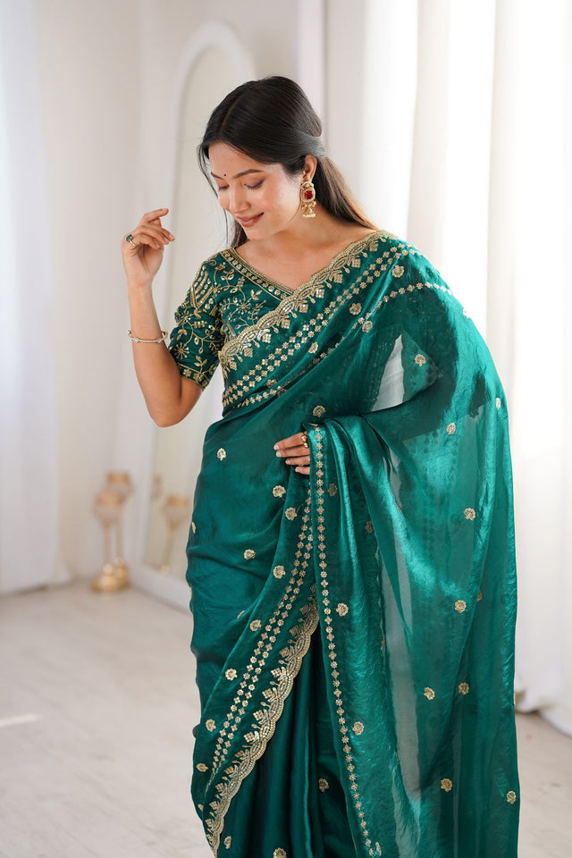 Turquoise Sequin With Floral Embroidered  Saree (ACA7927)