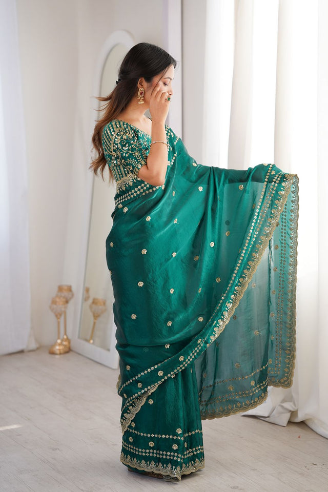 Turquoise Sequin With Floral Embroidered  Saree (ACA7927)