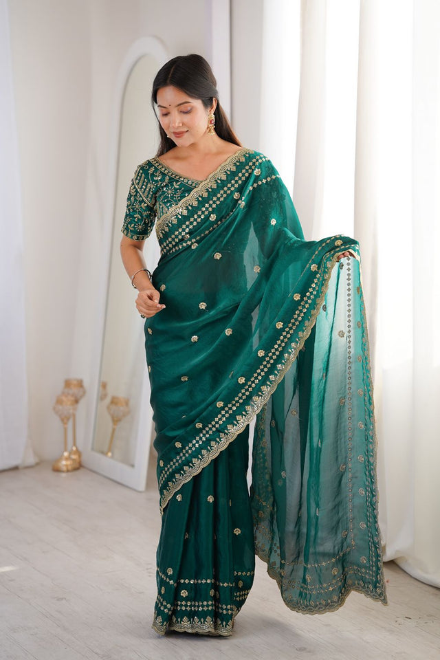 Turquoise Sequin With Floral Embroidered  Saree (ACA7927)