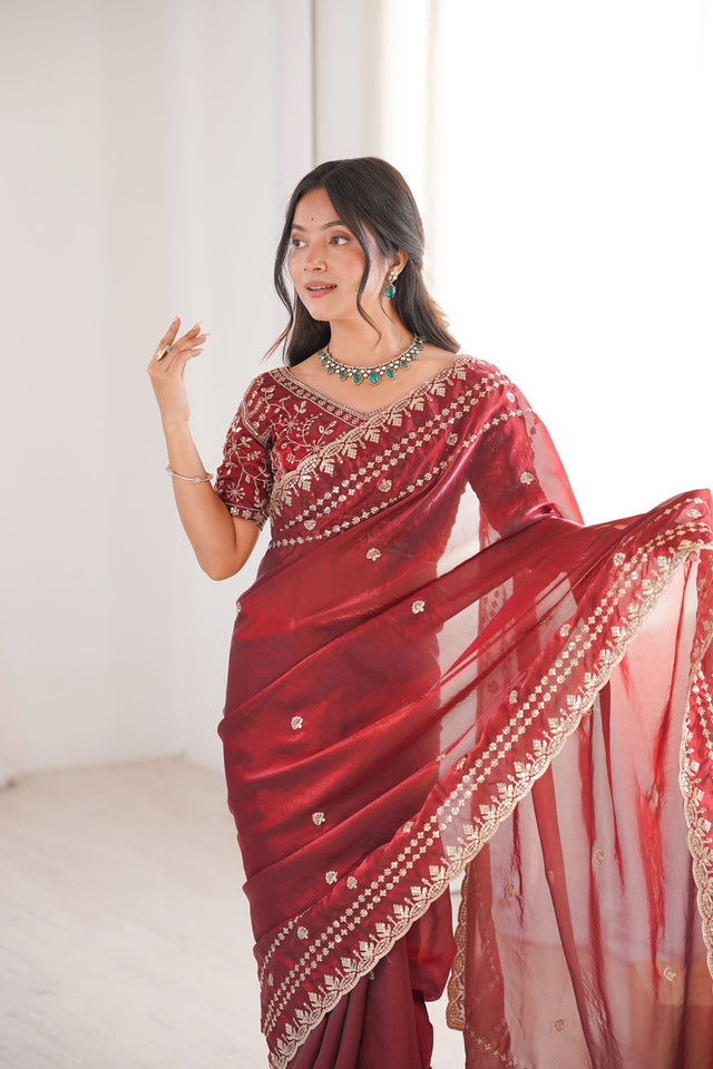 Maroon Sequin With Floral Embroidered  Saree (ACA7928)