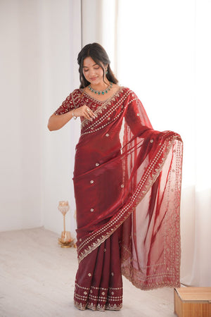 Maroon Sequin With Floral Embroidered  Saree (ACA7928)