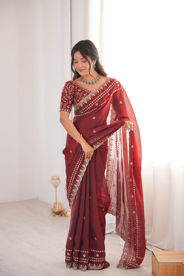 Maroon Sequin With Floral Embroidered  Saree (ACA7928)