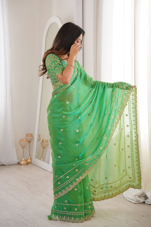 Dark Green Sequin With Floral Embroidered  Saree (ACA7929)