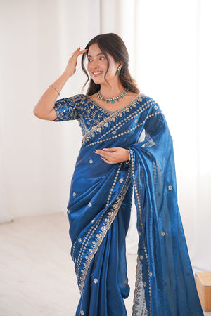 Turquoise Sequin With Floral Embroidered  Saree (ACA7930)