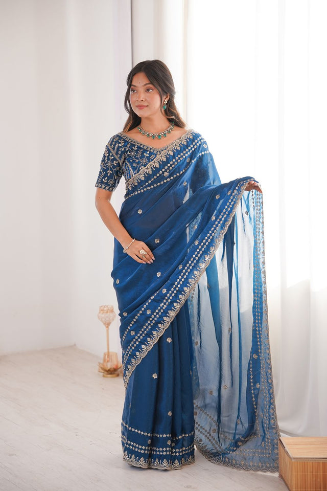 Turquoise Sequin With Floral Embroidered  Saree (ACA7930)