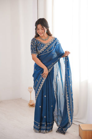 Turquoise Sequin With Floral Embroidered  Saree (ACA7930)