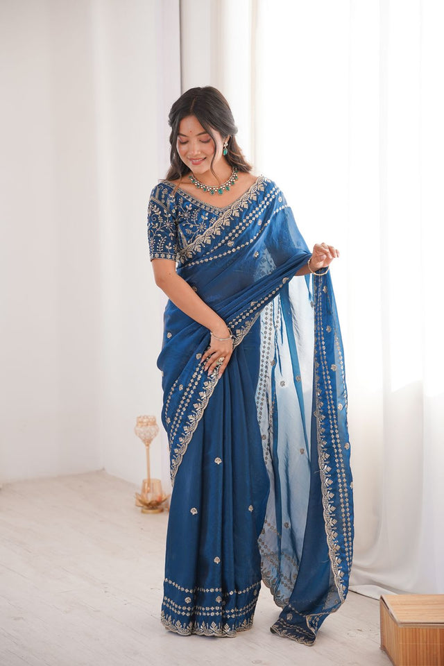 Turquoise Sequin With Floral Embroidered  Saree (ACA7930)