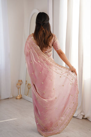 Pink Sequin With Floral Embroidered  Saree (ACA7931)