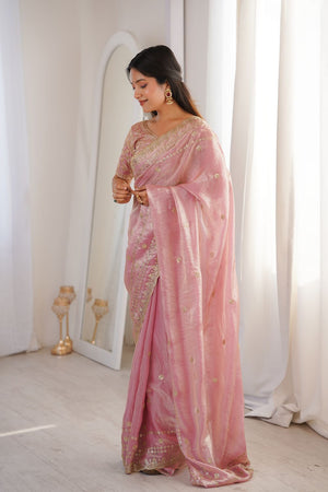 Pink Sequin With Floral Embroidered  Saree (ACA7931)