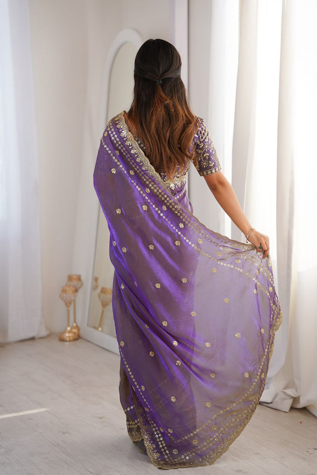 Violet Sequin With Floral Embroidered  Saree (ACA7932)