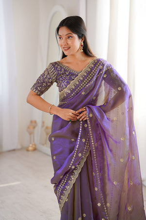 Violet Sequin With Floral Embroidered  Saree (ACA7932)