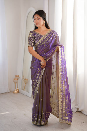 Violet Sequin With Floral Embroidered  Saree (ACA7932)