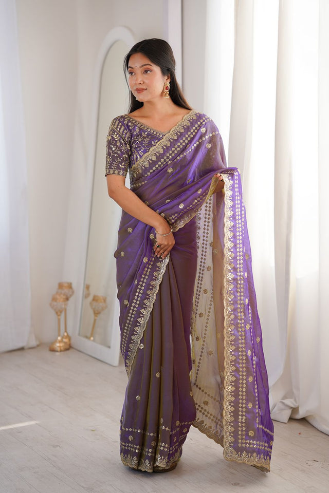 Violet Sequin With Floral Embroidered  Saree (ACA7932)