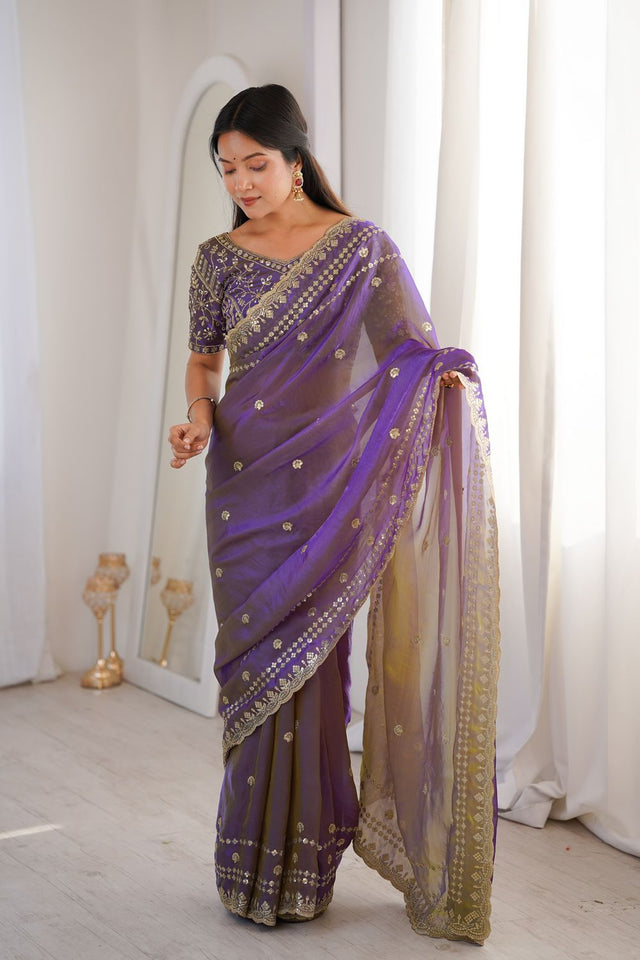 Violet Sequin With Floral Embroidered  Saree (ACA7932)