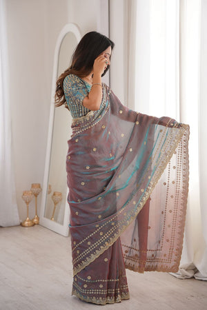 Mauve Sequin With Floral Embroidered  Saree (ACA7933)