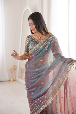 Mauve Sequin With Floral Embroidered  Saree (ACA7933)