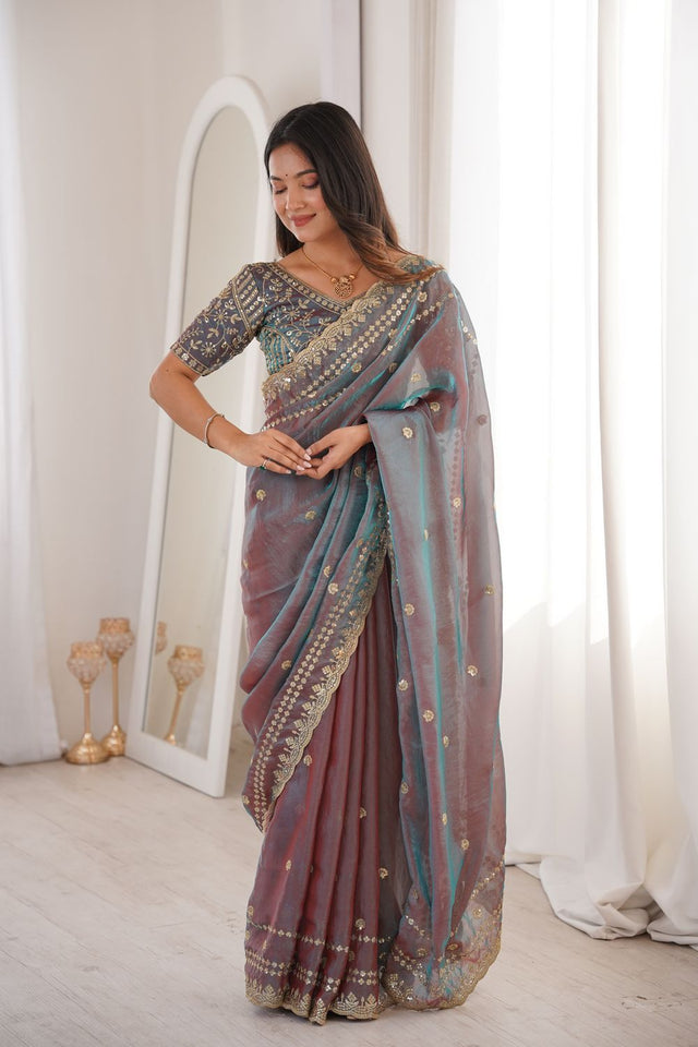 Mauve Sequin With Floral Embroidered  Saree (ACA7933)