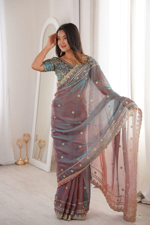 Mauve Sequin With Floral Embroidered  Saree (ACA7933)