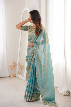 Blue Sequin With Floral Embroidered  Saree (ACA7934)