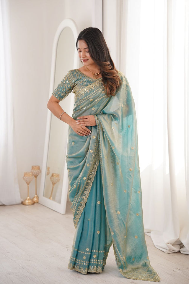 Blue Sequin With Floral Embroidered  Saree (ACA7934)