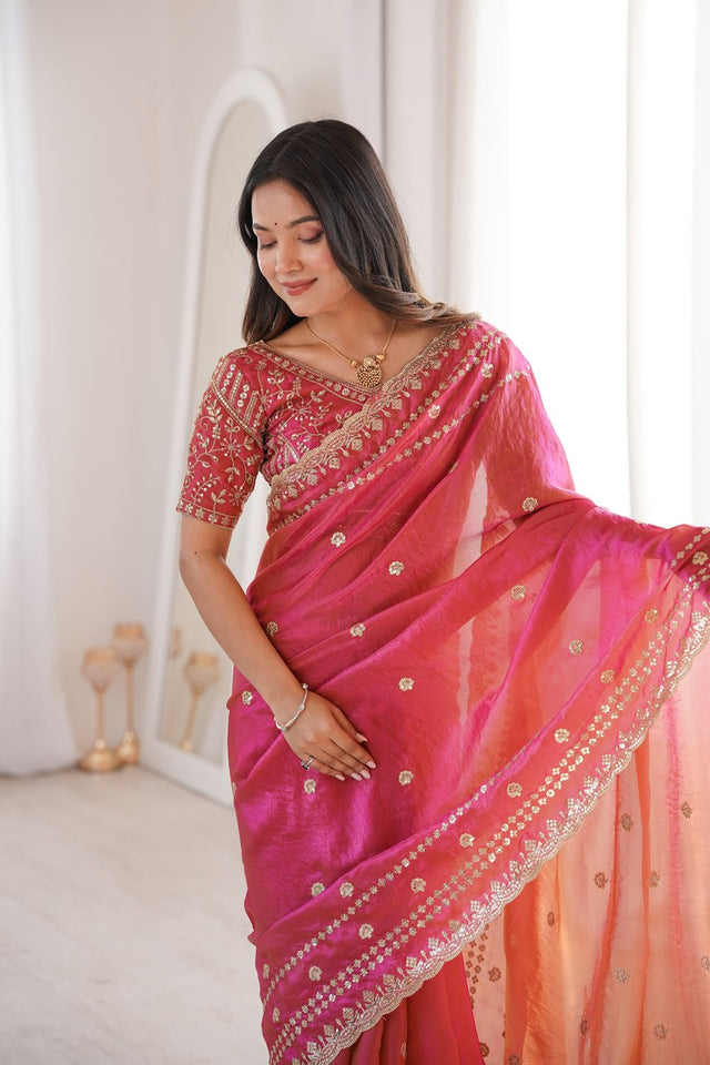 Red Sequin With Floral Embroidered  Saree (ACA7935)