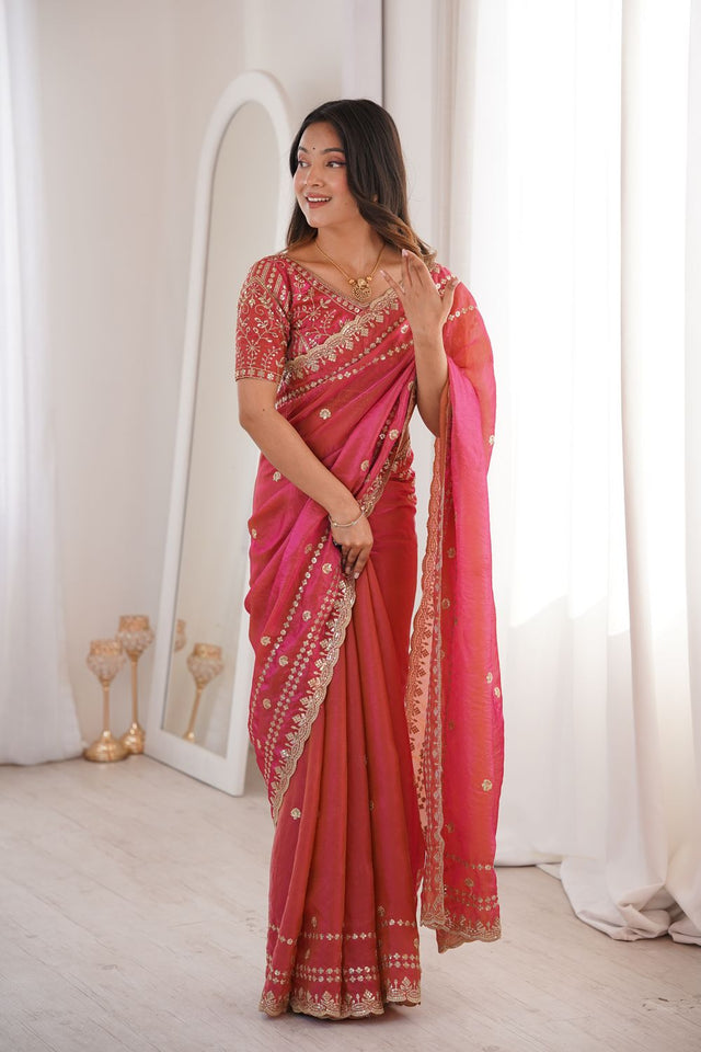 Red Sequin With Floral Embroidered  Saree (ACA7935)