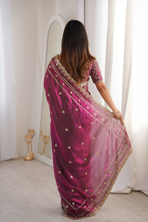 Wine Sequin With Floral Embroidered  Saree (ACA7936)