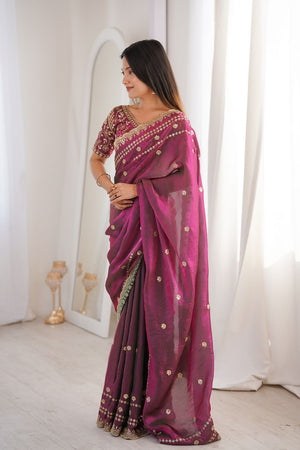 Wine Sequin With Floral Embroidered  Saree (ACA7936)