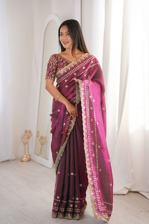 Wine Sequin With Floral Embroidered  Saree (ACA7936)