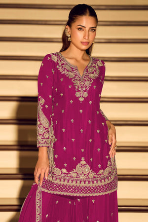 Free Size Stitched Magenta Sequin with Embroidered Chinon Palazzo Suit (ACA7956)