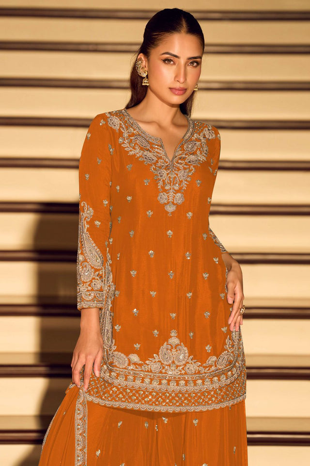 Free Size Stitched Orange Sequin with Embroidered Chinon Palazzo Suit (ACA7958)