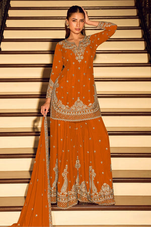Free Size Stitched Orange Sequin with Embroidered Chinon Palazzo Suit (ACA7958)
