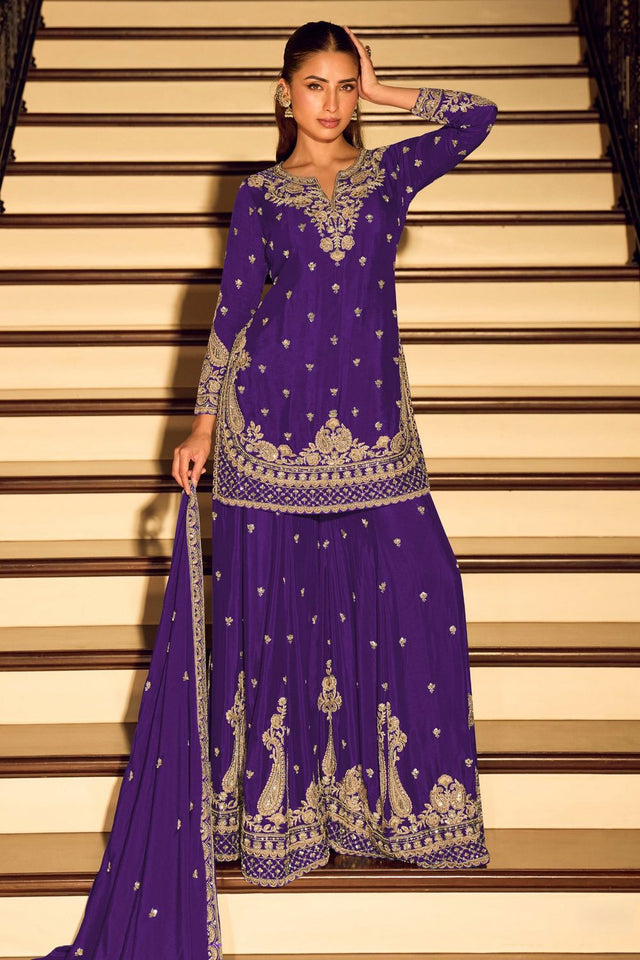 Free Size Stitched Violet Sequin with Embroidered Chinon Palazzo Suit (ACA7959)