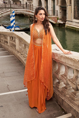 Free Size Stitched Orange Embroidered Chinon Co-Ord Set (ACA7971)