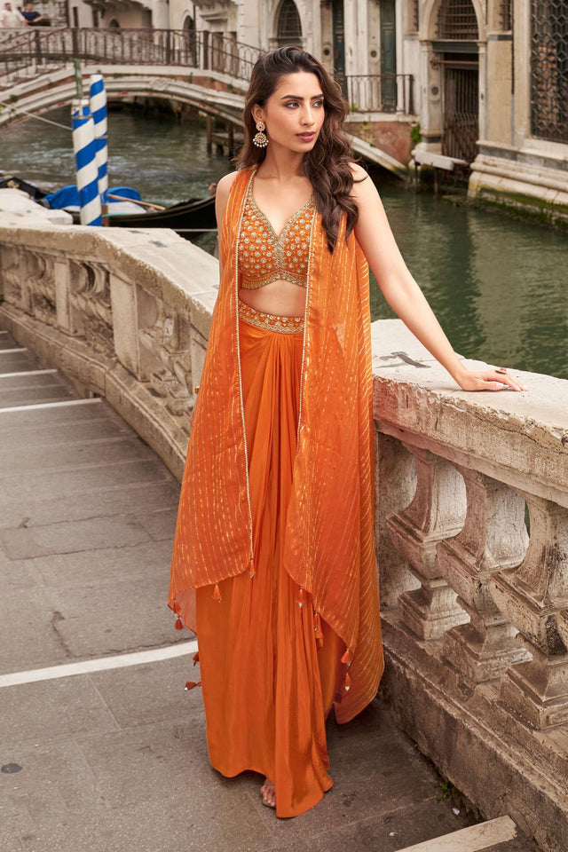 Free Size Stitched Orange Embroidered Chinon Co-Ord Set (ACA7971)