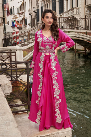 Free Size Stitched Pink Embroidered Chinon Co-Ord Set (ACA7972)