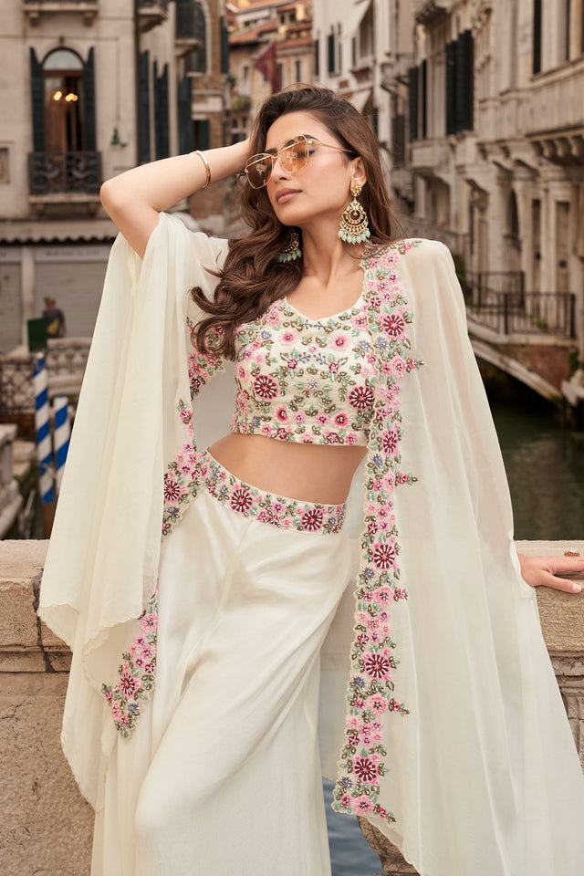 Free Size Stitched White Embroidered Chinon Co-Ord Set (ACA7973)